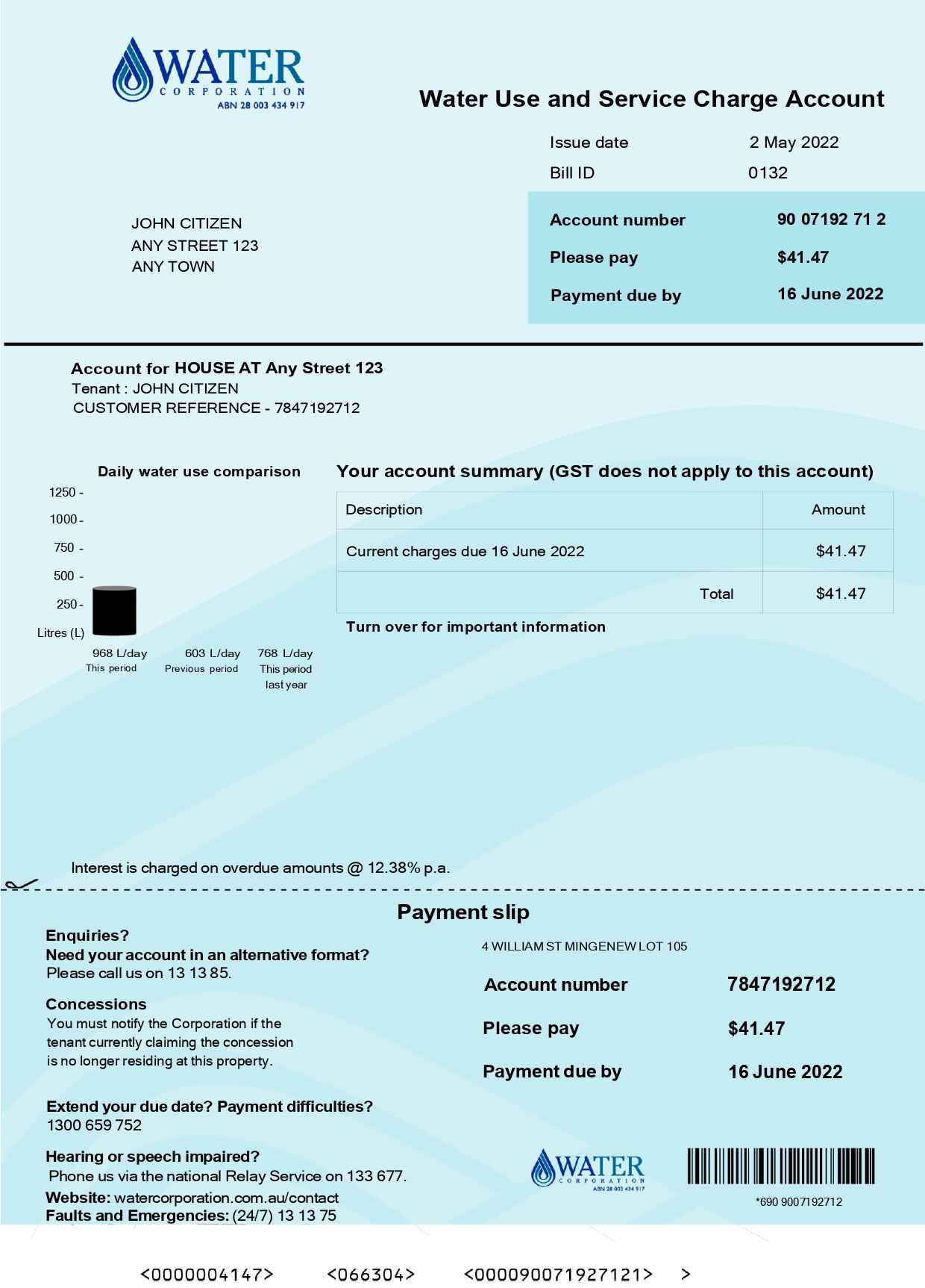 Australia Water Corporation WA utility bill .doc and .pdf template